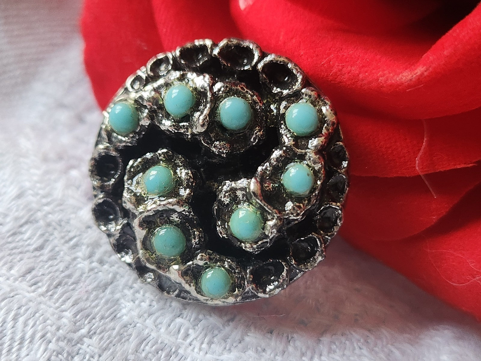 Gros bouton en résine bronze perle  bleu vintage pied 2,5 cm ref 5567