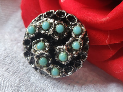 Gros bouton en résine bronze perle  bleu vintage pied 2,5 cm ref 5567