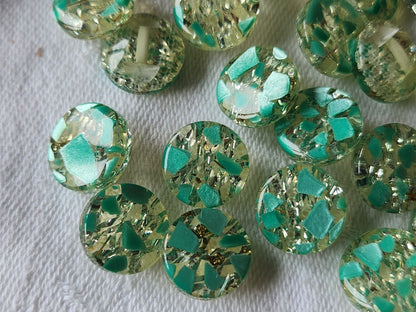 Lot 16 petits boutons vintage à pied paillette verte 1,1 cm ref 5823