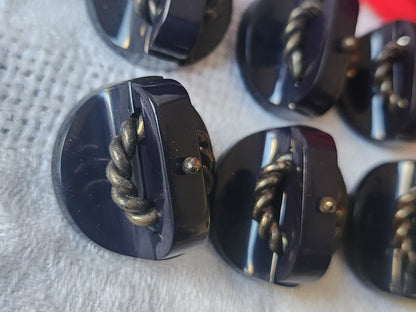 Lot 6 boutons anciens bleu fort relief chaine pied métal 2,6 cm ref 5560