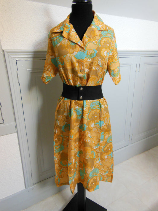 Pur vintage robe ancienne lumineuse bleu marron orange taille 44? B4