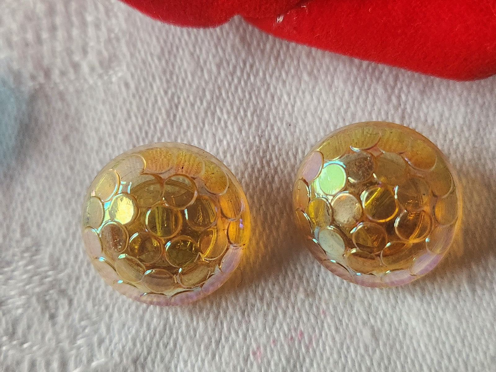 Duo boutons anciens en verre orange alveole vintage 1,5 cm D9D