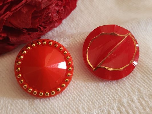 Duo boutons vintage en verre trouge doré 1,7 cm G16D