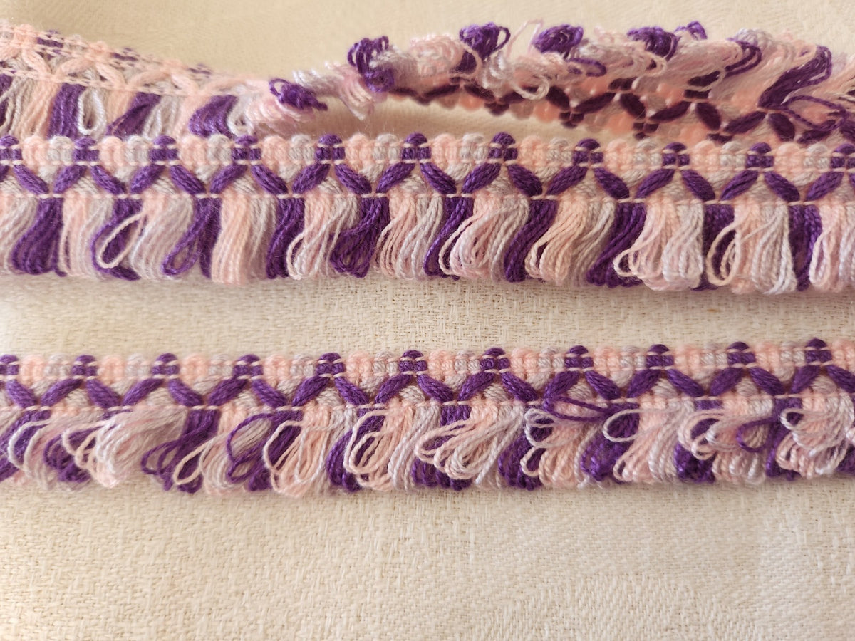 Galon vintage franges bouclettes rose violet 3 mètres sur 1,8 cm B3