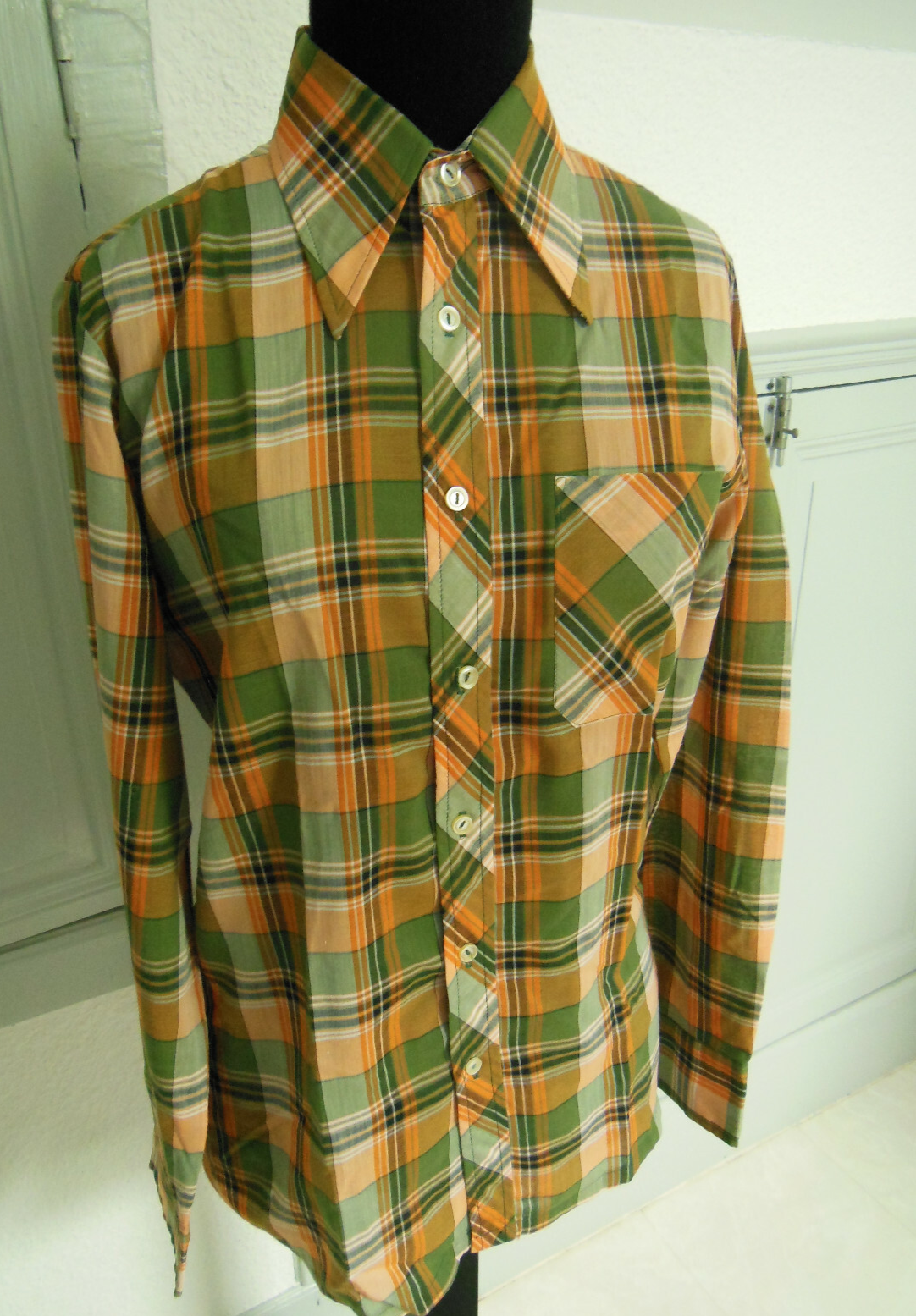 Pur vintage ancienne chemise à carreaux vert orange T38? col  B4