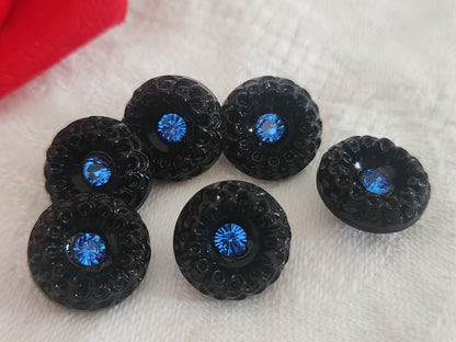Lot 6 boutons vintage en verre noir avec strass bleu 1,3 cm ref 6364