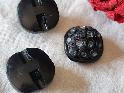 Trio boutons vintage strass resine parurier 2 cm bleu pied G15G