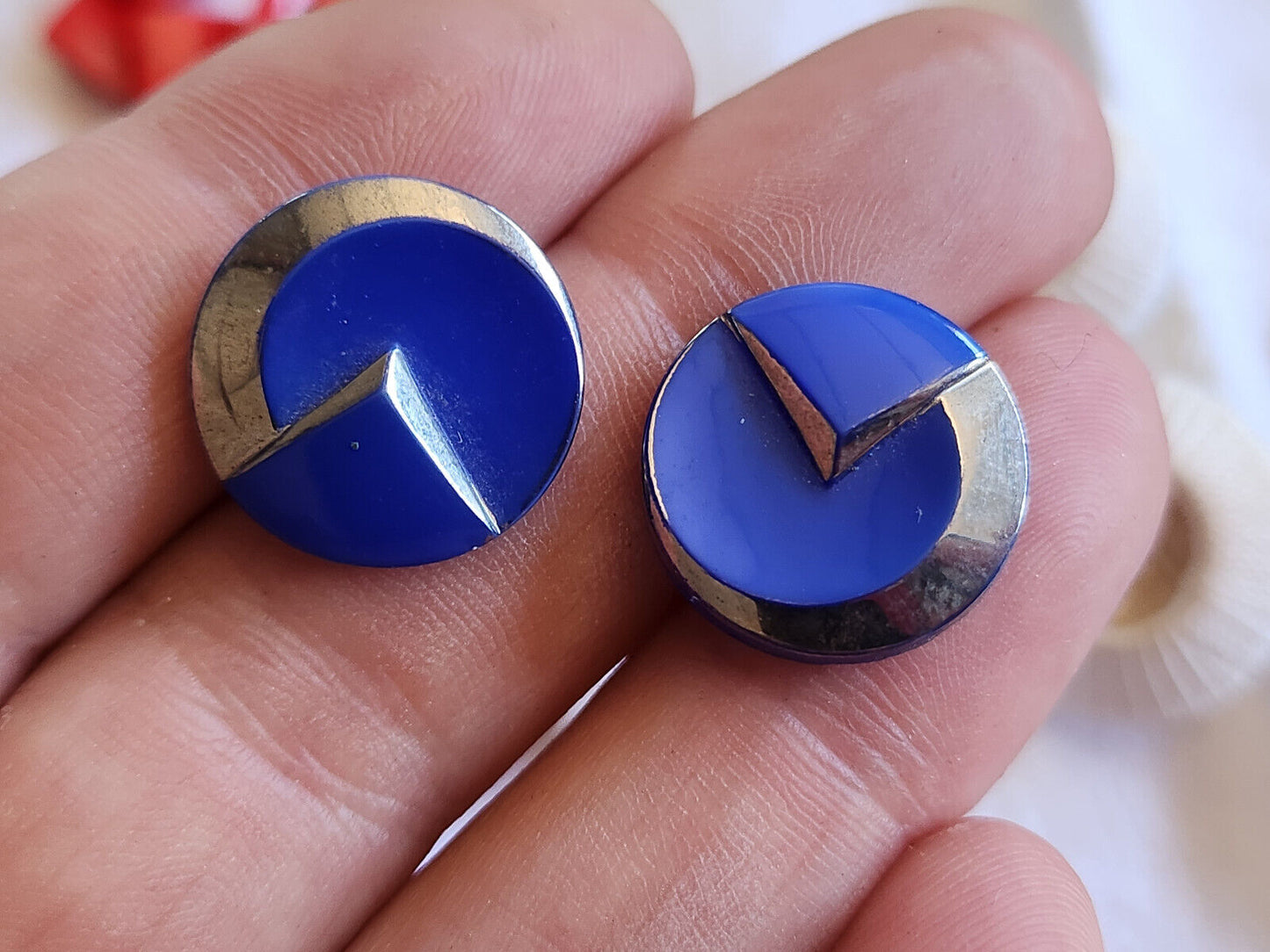 Duo boutons anciens en verre bleu année 50/60 argenté 1,7 cm D15L