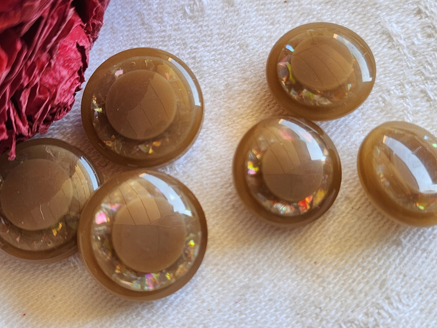 Lot 6  boutons vintage marron paillette mordoré 1,5 et 1,7 cm ref 691