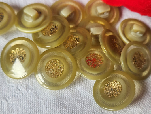 Lot 14 boutons vintage vert inclusion doré à pied 1,7 cm ref 2008