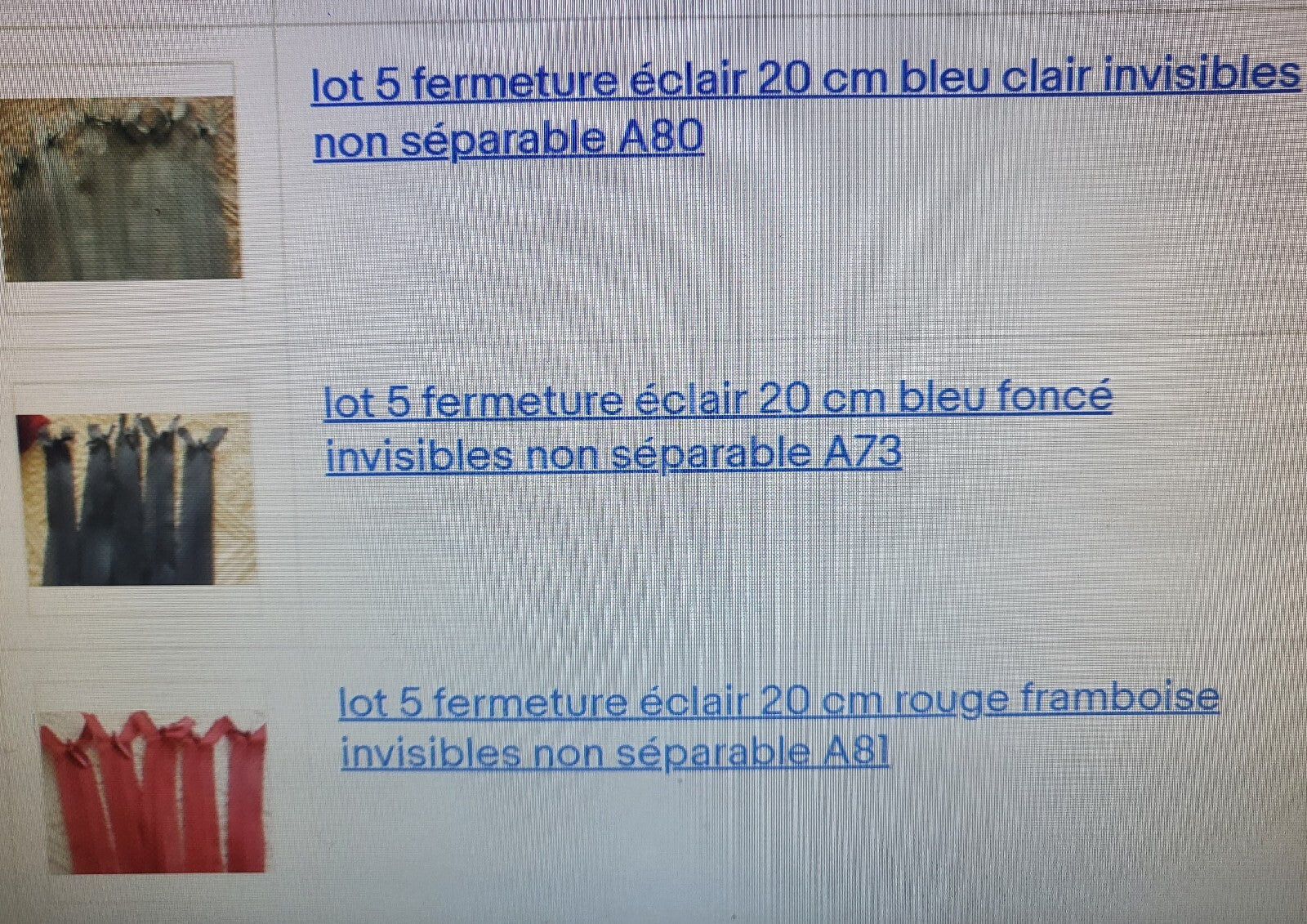 Lot 5 fermeture éclairs 20 cm invisible  non séparable teinte au choix