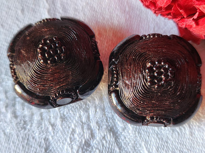 Duo gros boutons vintage résine marron 2,5 cm pied D9K