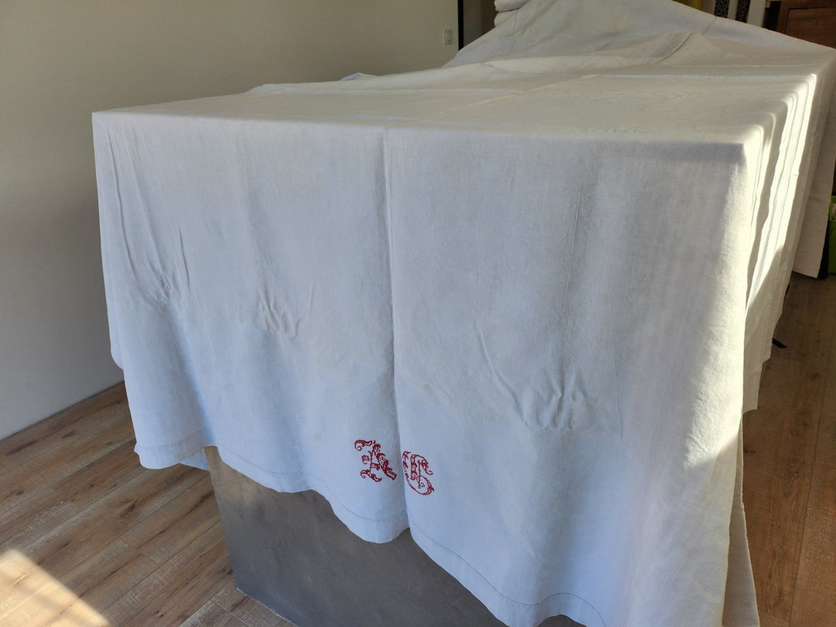 Ancien grand drap toile monogramme point de croix rouge original toile B6