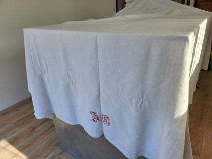 Ancien grand drap toile monogramme point de croix rouge original toile B6