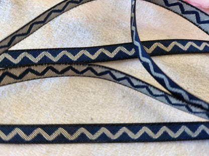 Galon fin motif gris bleu blanc zigzag 5 mètres sur 0,5 cm A2