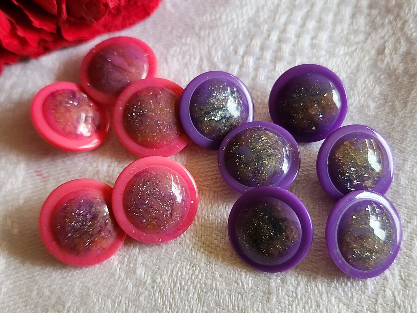 Lot 11 boutons vintage  2  series violet rose pied inclusion 1,3 cm ref 746