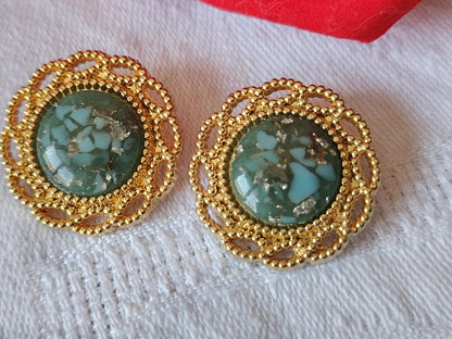 Duo boutons vintage metal coeur bleu moucheté 2,3 cm G17M