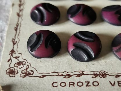 Lot  24 boutons anciens en corozo violet travaillé  plaque pied  1,4 cm n°33