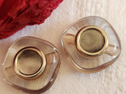 Duo boutons vintage coeur en nacre carré transparent  2,3 cm pied G16H