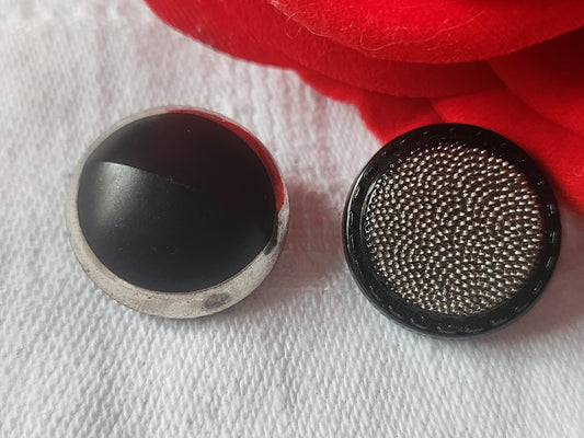 Duo boutons anciens en verre argenté vintage noir  1,8  cm D10D