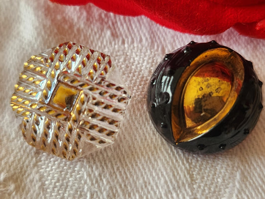 Duo boutons en verre ancien doré originaux 1,7 cm G2M