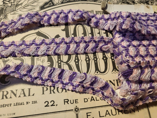 Galon vintage à frange rose lilas violet plutôt fin 13 mètres sur 1,8 cm A1