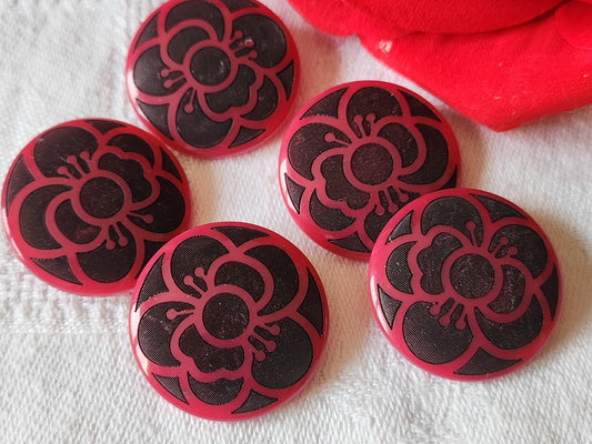 Lot 5 boutons vintage rose noir fushia pied originaux 2,4 cm ref 783