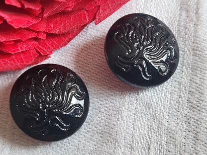 Duo boutons anciens en verre noir motif pied métal vintage 1,7 cm G6C