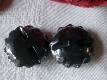 Duo gros  boutons vintage chainette argenté resine marron pied 2,8 cm ref 1178
