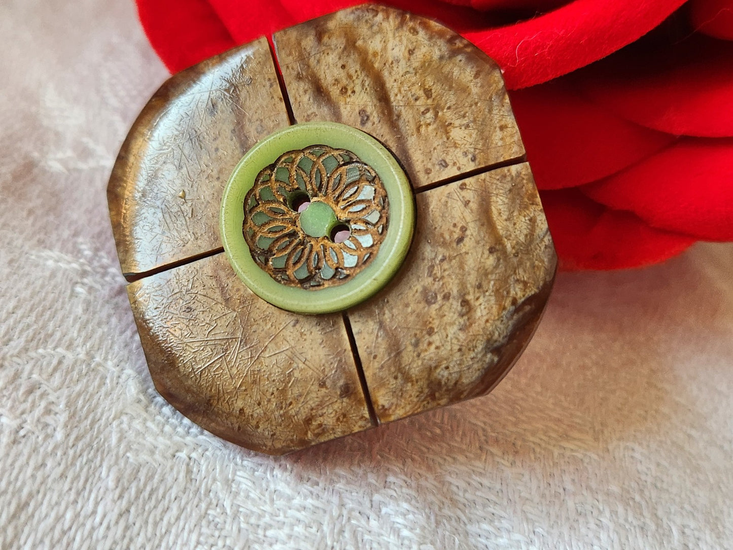 Original bouton ancien marron vert carré 3 cm G19D