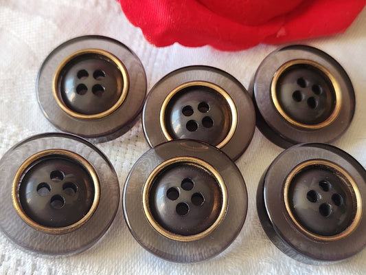 Lot 6 gros boutons vintage gris transparent à pied doré 2,5 cm ref 4981