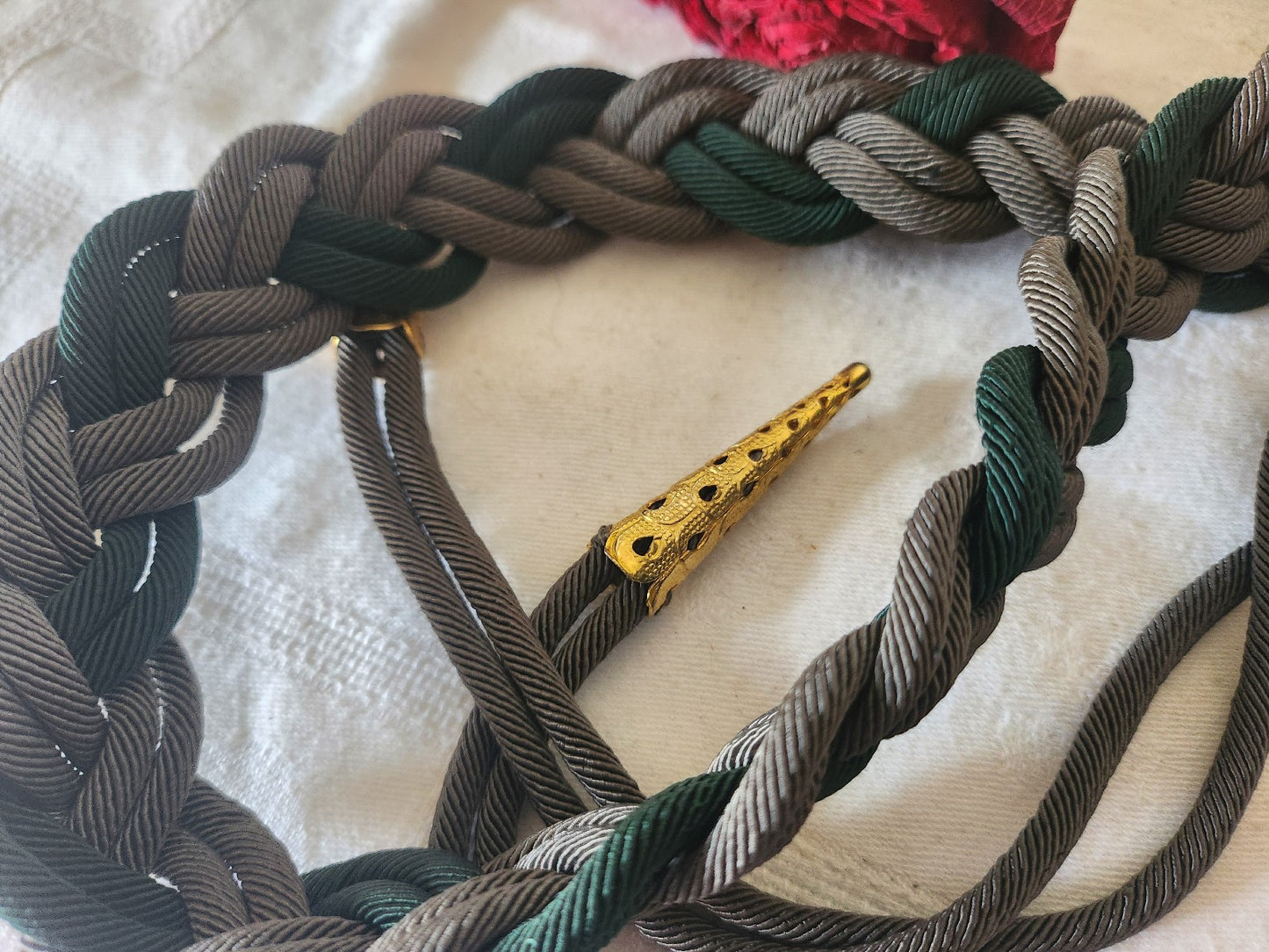 Ceinture ancienne vintage tréssée gris vert reglable  B9