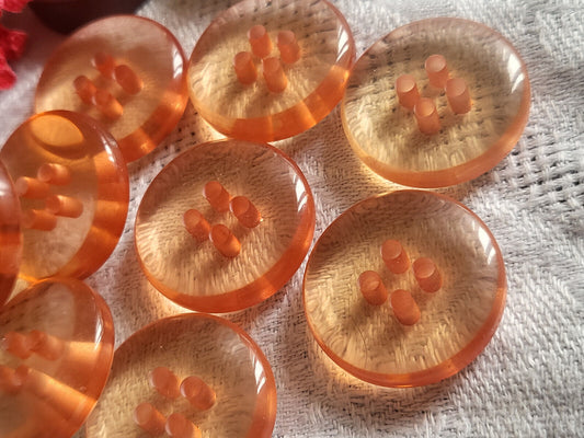 Lot 6 boutons vintage épais orange transparent à trous 2,3 cm ref 4694