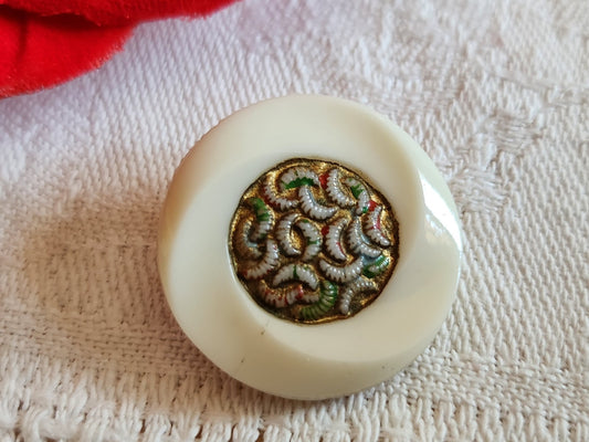 Bouton ancien en verre blanc multicolore  doré 2,2 cm ou 22 mm G16B