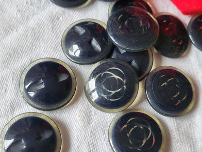 Lot 6 gros boutons vintage bleu inclusion argenté pied 2,5 cm ref 5554