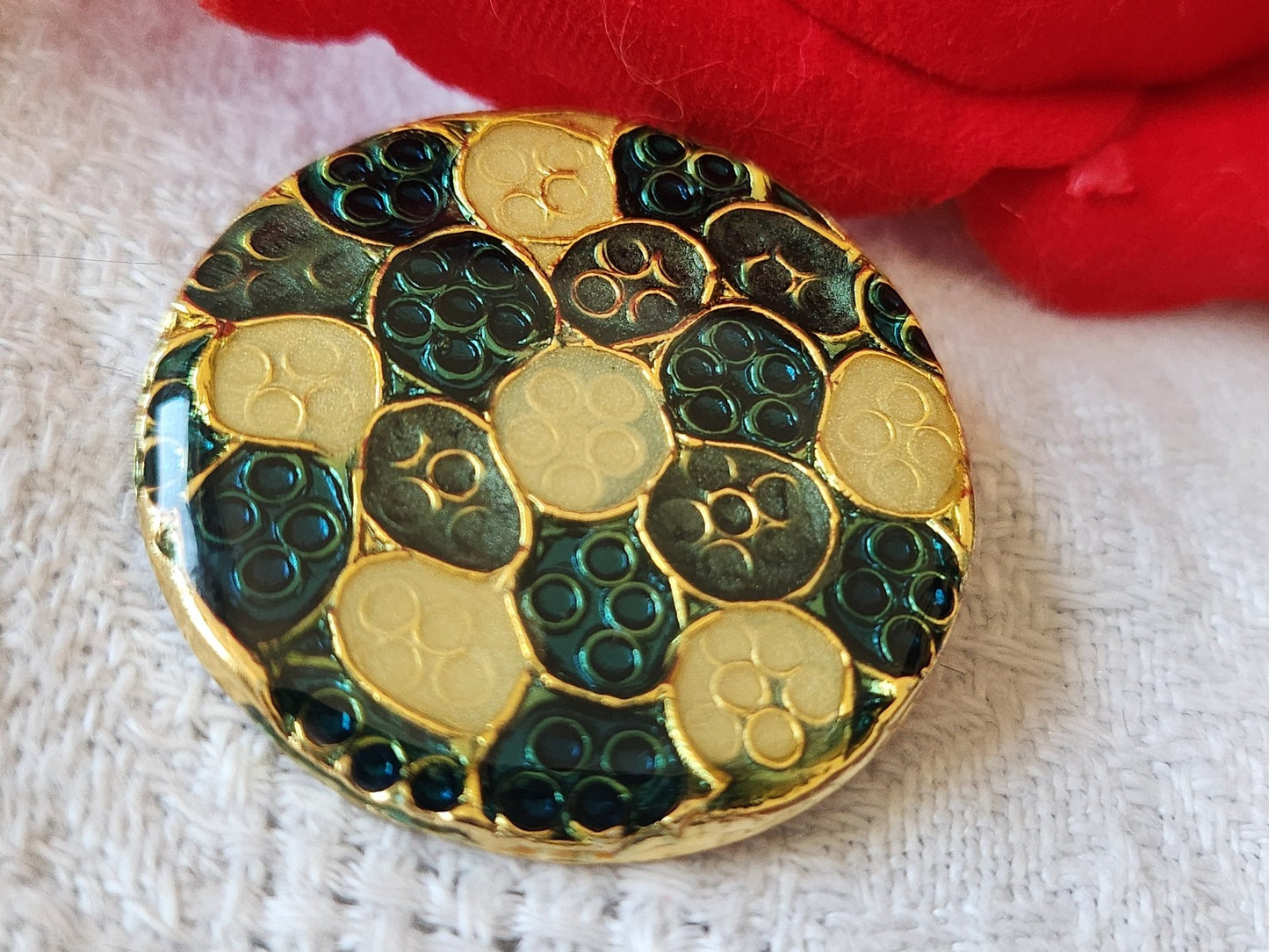 Gros Bouton vintage  métal effet mosaique bleu créme pied 2,9 cm  D19F