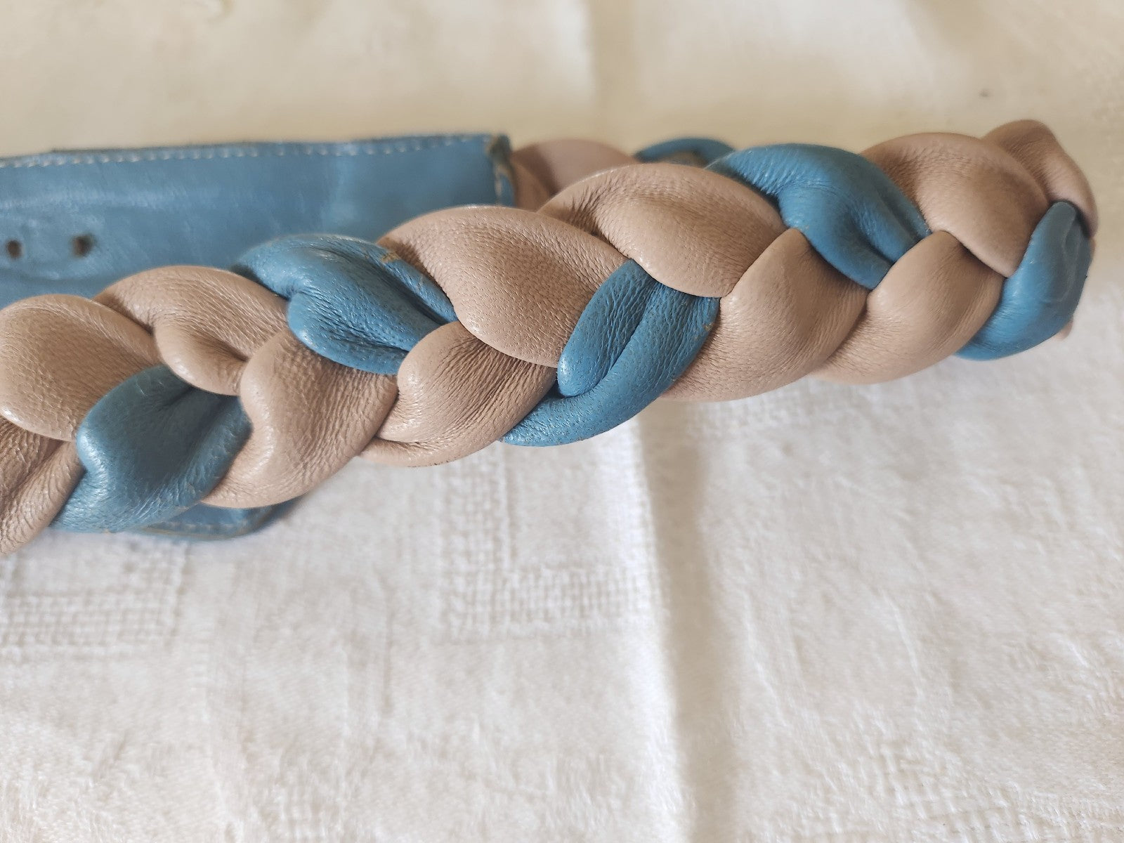 Ceinture ancienne vintage bleu et rose 74 cm à 78 cm A4