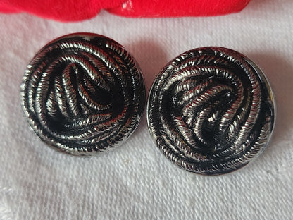 Duo boutons vintage  en verre noir argenté pied  2,2 cm G14F