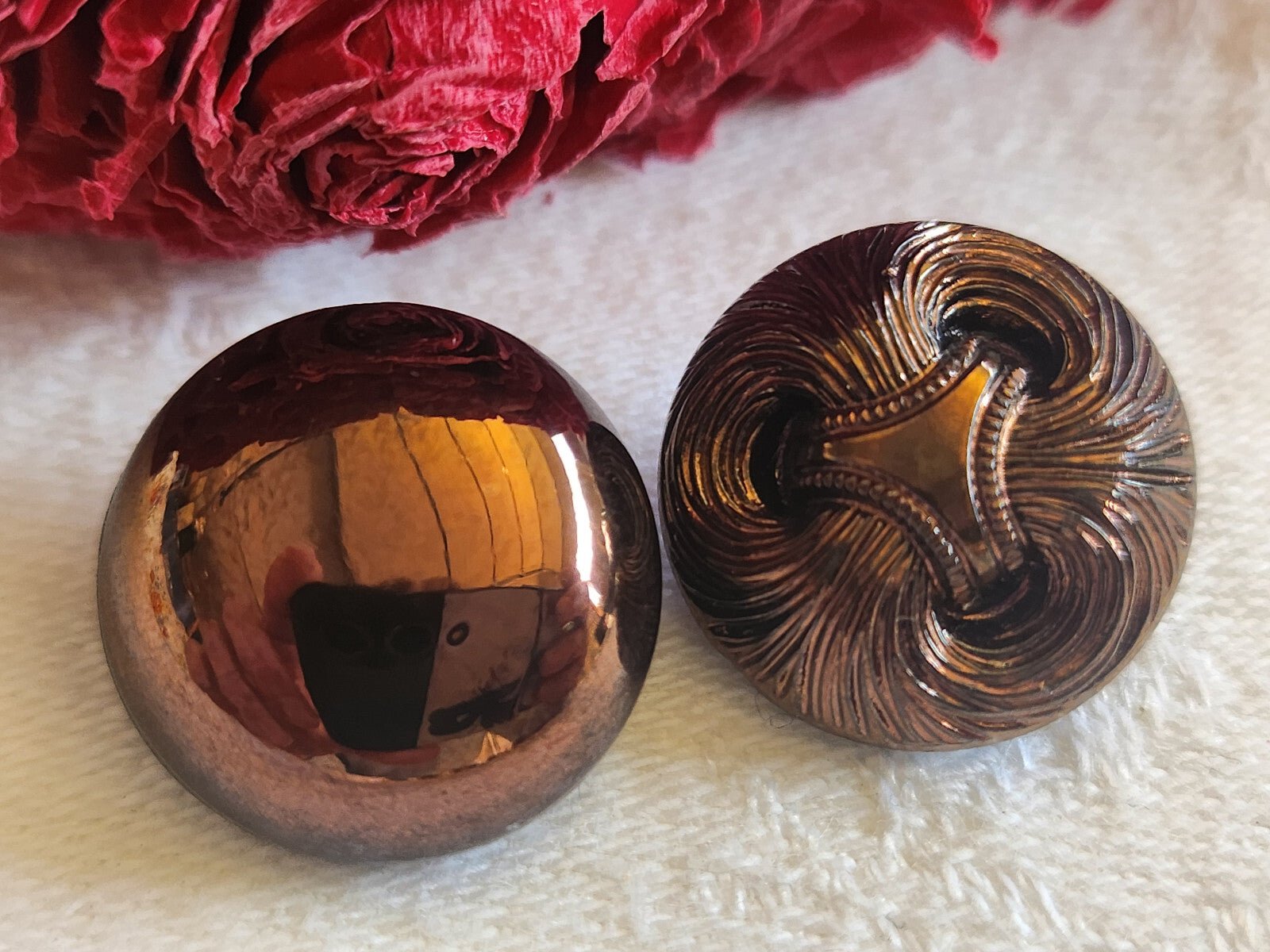 Duo boutons anciens en verre  marron lumineux pied  1,7 cm vintage G2K