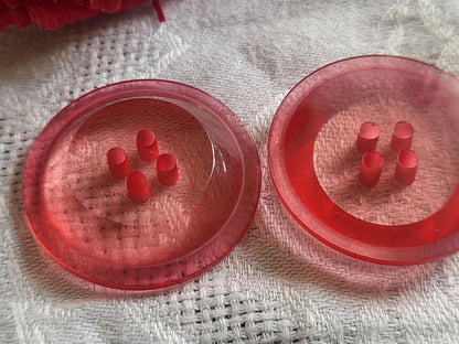 Duo gros boutons vintage rouge rosé transparent à trous 3,4 cm ref 5315
