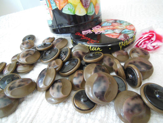 Lot gros boutons anciens en celluoid marron dans boite 2,6 cm à 3,3 cm 