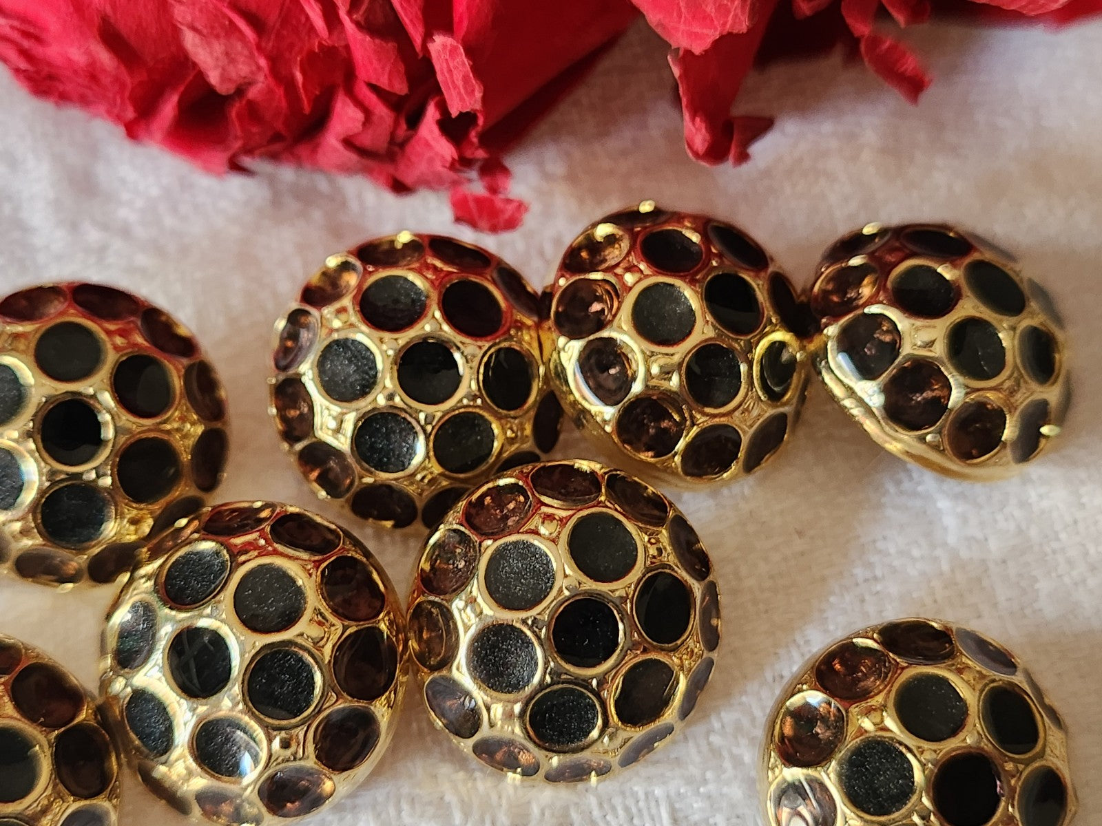 Lot 6 boutons vintage métal doré effet strass gris marron 1,6 cm ref 2980