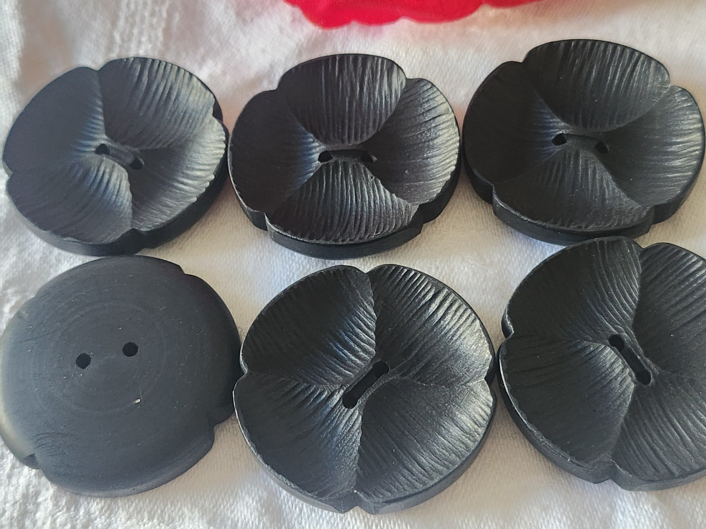 Lot 6 énormes boutons vintage noir mat fleur  XXL à trous 3,8 cm ref 6162