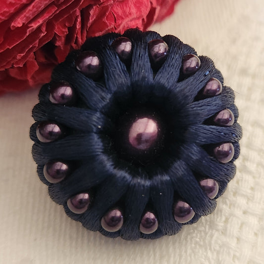 Superbe bouton ancien passementerie perlé bleu vintage couturier 2,6 cm  ref 258