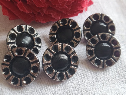 Lot 6 boutons en verre noir argenté gris creusé motif 1,8 cm  ref 2796