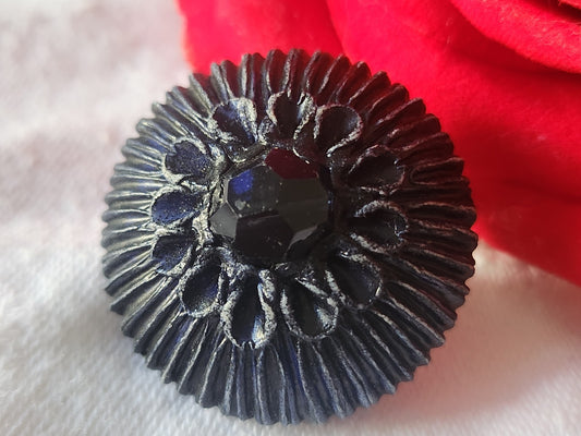 Collection gros bouton vintage en resine bleu et strass en verre 3 cm ref 6158