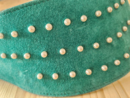 Ceinture ancienne vintage daim vert d'eau superbe perléB8