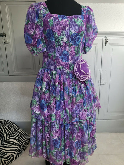 Kitch robe atypique violette vert dentelle jupon T38 Lina Innocenti ref port