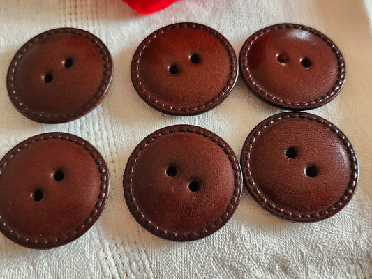 Lot 6 gros boutons anciens en cuir marron trous 38 mm ou 3,8 cm ref 6504