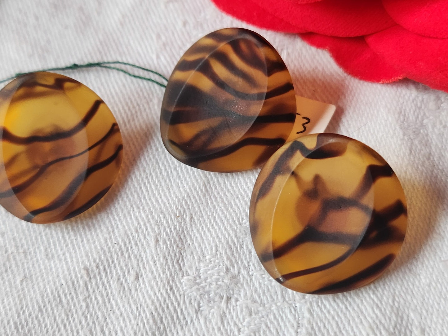 Trio gros boutons ancien en verre dépoli ecaille marron tigré 2,3 cm D16Q